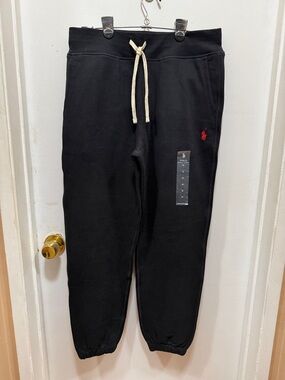 Ralph Lauren Black Sweatpants with Blue Label and Yellow Logo